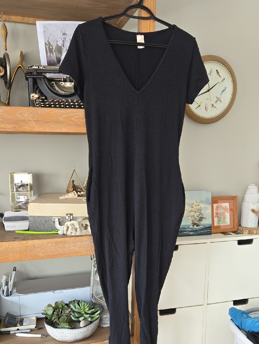 Smash + Tess Black V-Neck Short-Sleeve Jumpsuit. With Pockets.